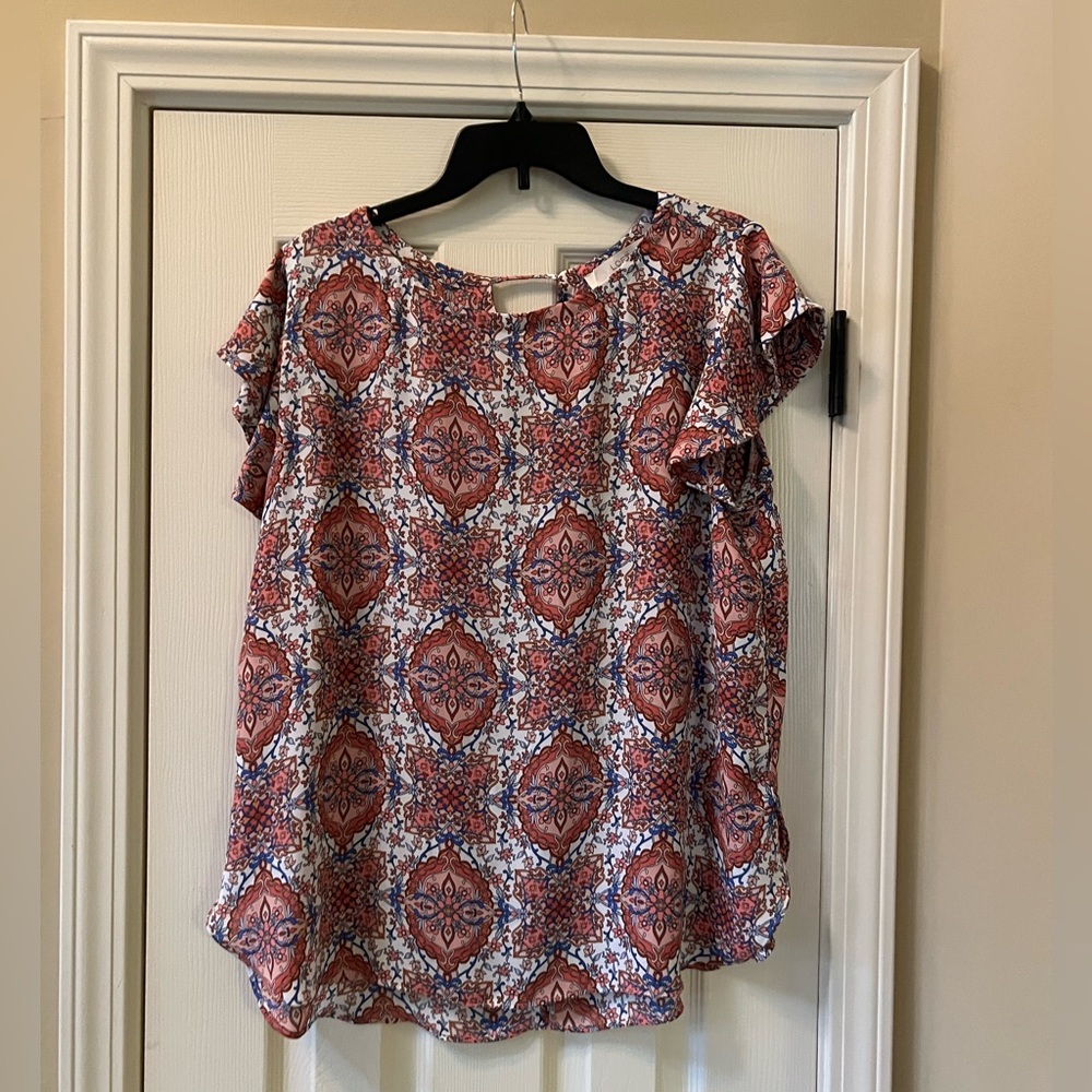 Loft Women's Patterned Blouse White with Red and Blue Print Size X-Large XL